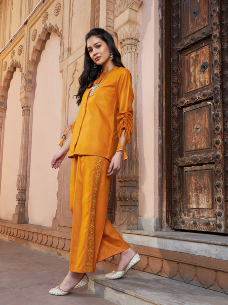 Lyush Women Mustard Ruched Sleeve Top With Embroidered Pants - Distacart