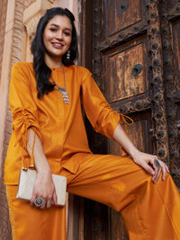 Thumbnail for Lyush Women Mustard Ruched Sleeve Top With Embroidered Pants - Distacart