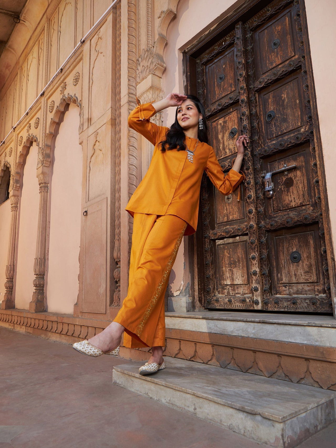 Lyush Women Mustard Ruched Sleeve Top With Embroidered Pants - Distacart