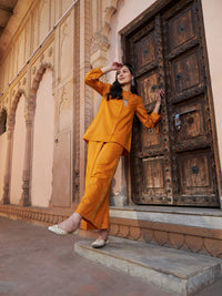 Thumbnail for Lyush Women Mustard Ruched Sleeve Top With Embroidered Pants - Distacart
