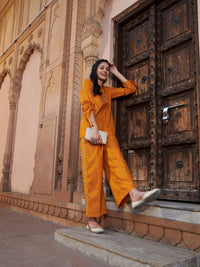 Thumbnail for Lyush Women Mustard Ruched Sleeve Top With Embroidered Pants - Distacart