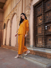 Thumbnail for Lyush Women Mustard Ruched Sleeve Top With Embroidered Pants - Distacart