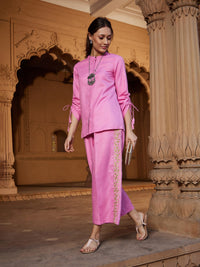 Thumbnail for Lyush Women Pink Ruched Sleeve Top With Embroidered Pants - Distacart