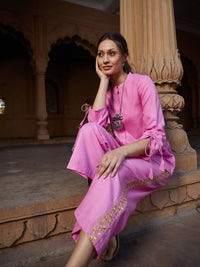 Thumbnail for Lyush Women Pink Ruched Sleeve Top With Embroidered Pants - Distacart