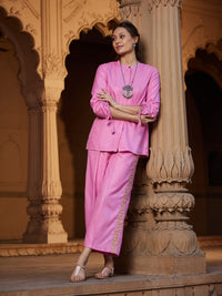 Thumbnail for Lyush Women Pink Ruched Sleeve Top With Embroidered Pants - Distacart
