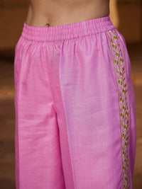 Thumbnail for Lyush Women Pink Ruched Sleeve Top With Embroidered Pants - Distacart