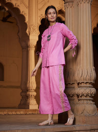 Thumbnail for Lyush Women Pink Ruched Sleeve Top With Embroidered Pants - Distacart