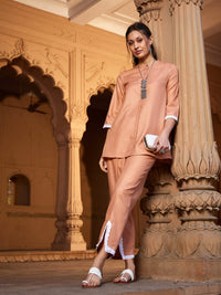 Thumbnail for Lyush Women Peach Lace Detail Short Kurti With Palazzos - Distacart