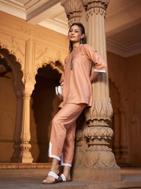 Thumbnail for Lyush Women Peach Lace Detail Short Kurti With Palazzos - Distacart