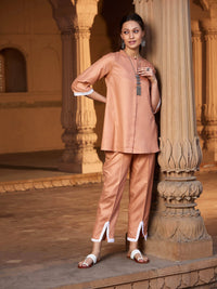 Thumbnail for Lyush Women Peach Lace Detail Short Kurti With Palazzos - Distacart