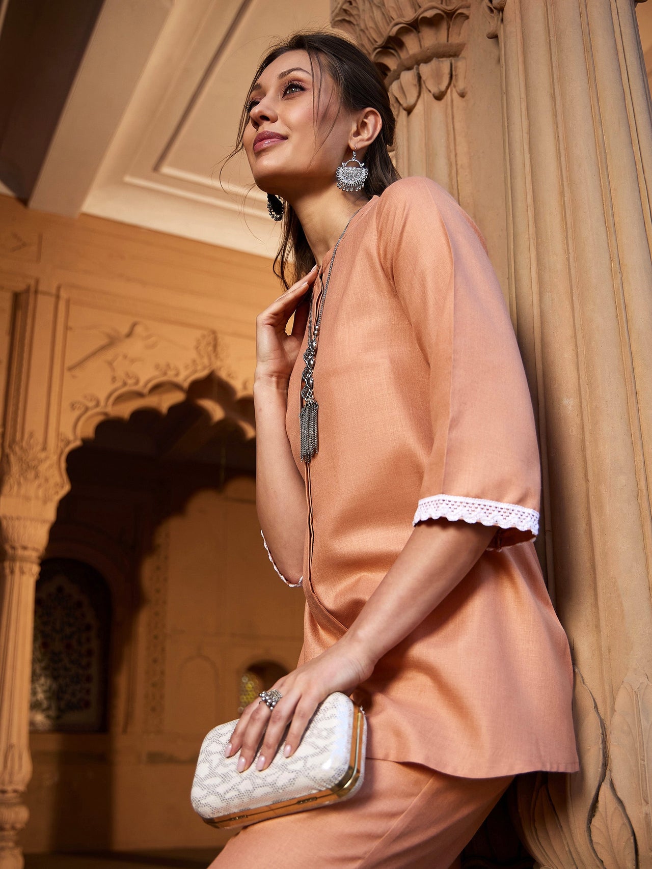 Lyush Women Peach Lace Detail Short Kurti With Palazzos - Distacart