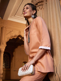 Thumbnail for Lyush Women Peach Lace Detail Short Kurti With Palazzos - Distacart