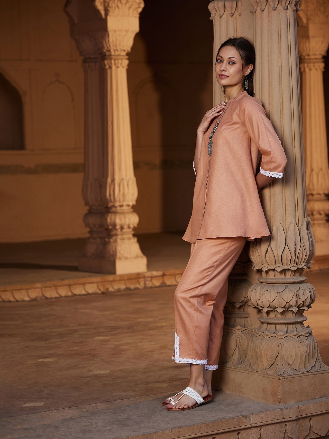 Lyush Women Peach Lace Detail Short Kurti With Palazzos - Distacart