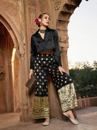Thumbnail for Lyush Women Black Crop Satin Shirt With Brocade Palazzos - Distacart