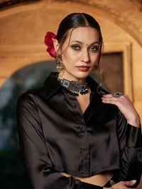 Thumbnail for Lyush Women Black Crop Satin Shirt With Brocade Palazzos - Distacart