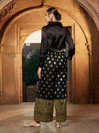 Thumbnail for Lyush Women Black Crop Satin Shirt With Brocade Palazzos - Distacart
