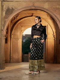Thumbnail for Lyush Women Black Crop Satin Shirt With Brocade Palazzos - Distacart