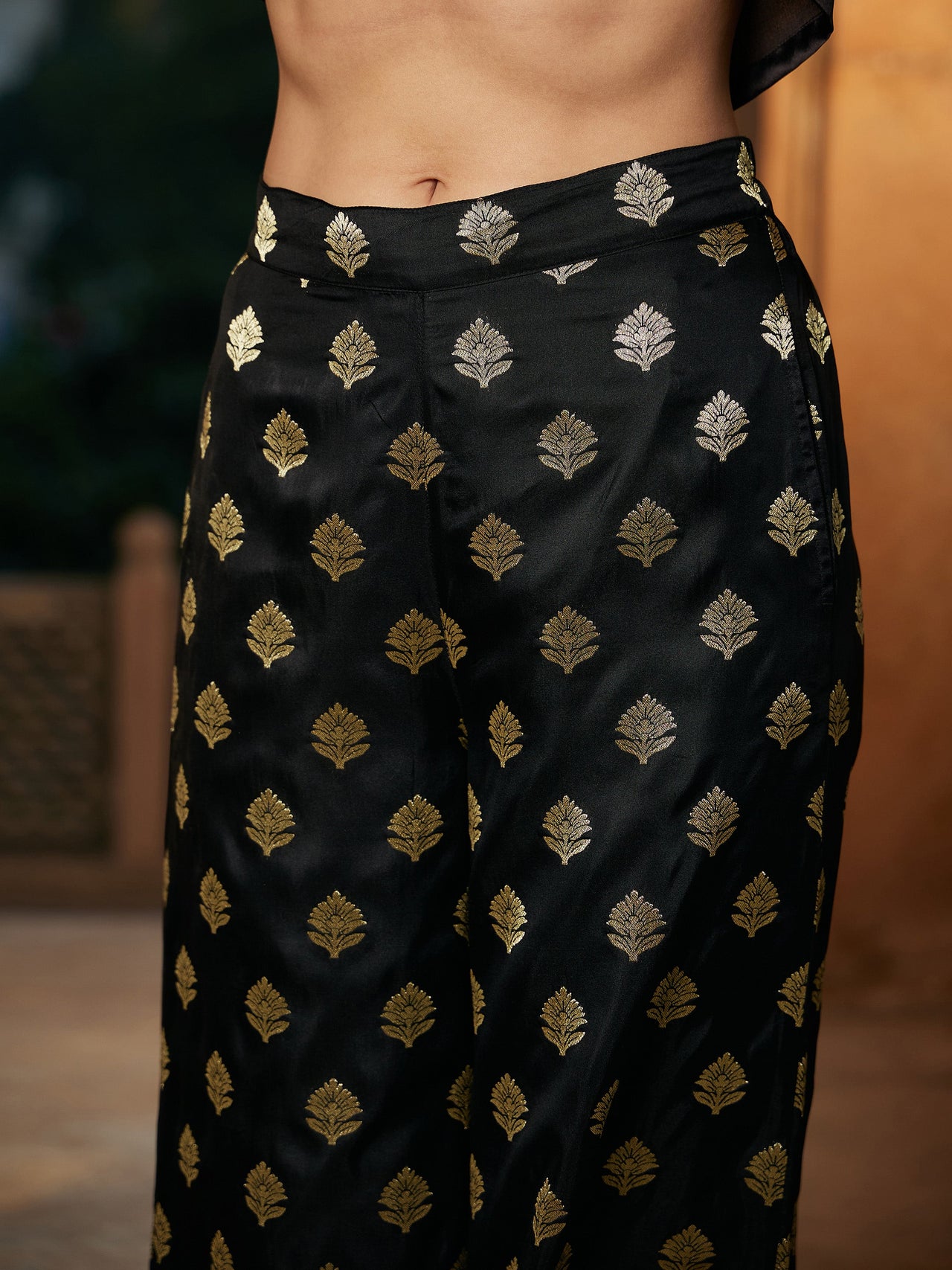 Lyush Women Black Crop Satin Shirt With Brocade Palazzos - Distacart