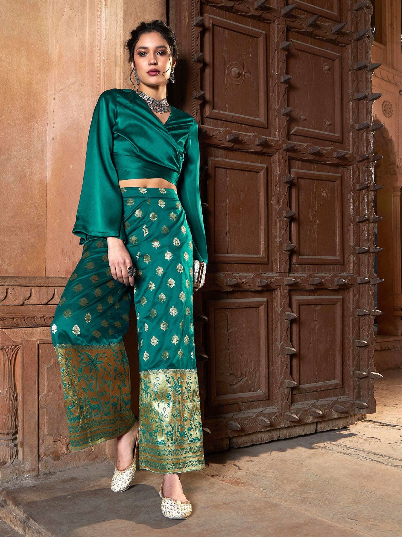 Lyush Women Teal Satin Wrap Crop Top With Brocade Palazzos - Distacart