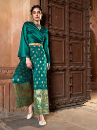 Thumbnail for Lyush Women Teal Satin Wrap Crop Top With Brocade Palazzos - Distacart