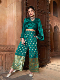 Thumbnail for Lyush Women Teal Satin Wrap Crop Top With Brocade Palazzos - Distacart