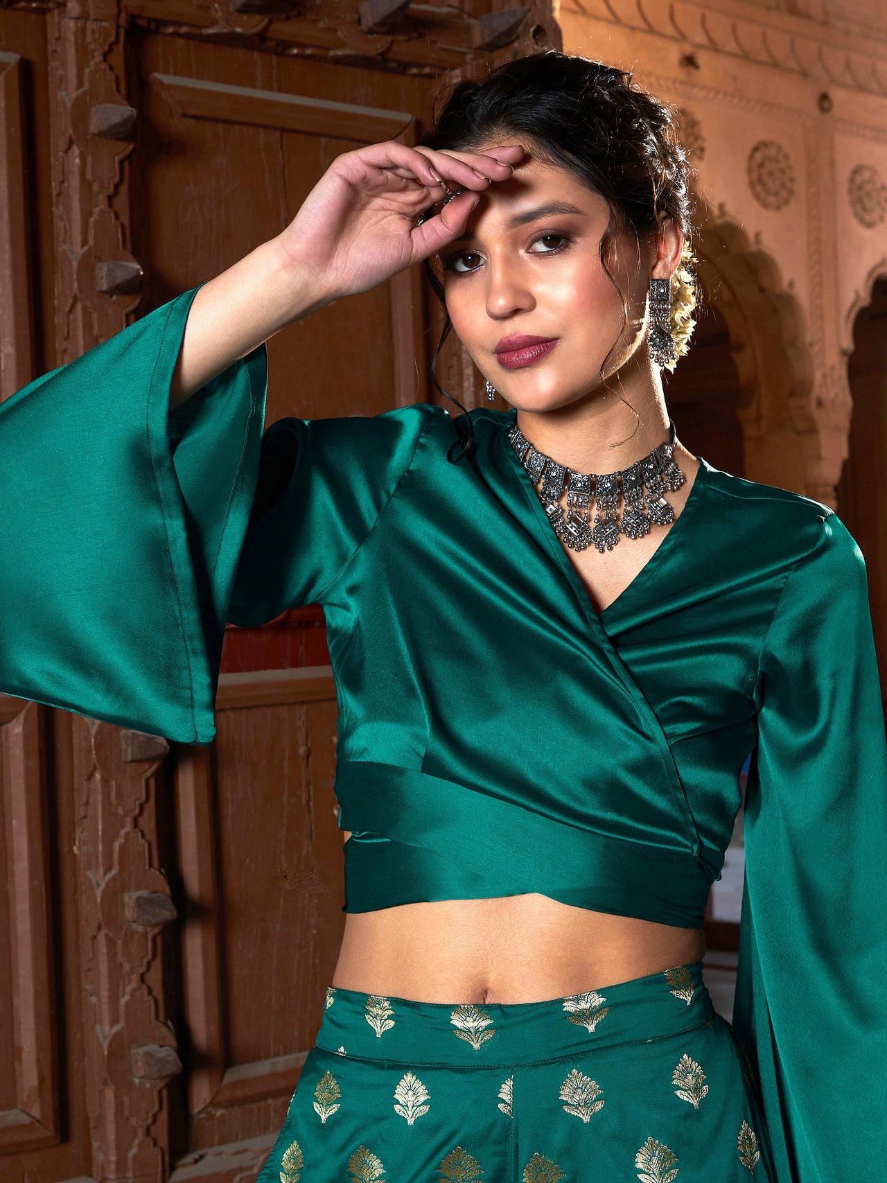 Lyush Women Teal Satin Wrap Crop Top With Brocade Palazzos - Distacart