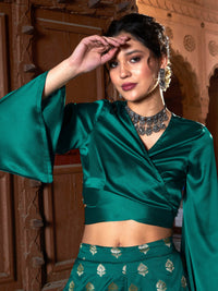 Thumbnail for Lyush Women Teal Satin Wrap Crop Top With Brocade Palazzos - Distacart