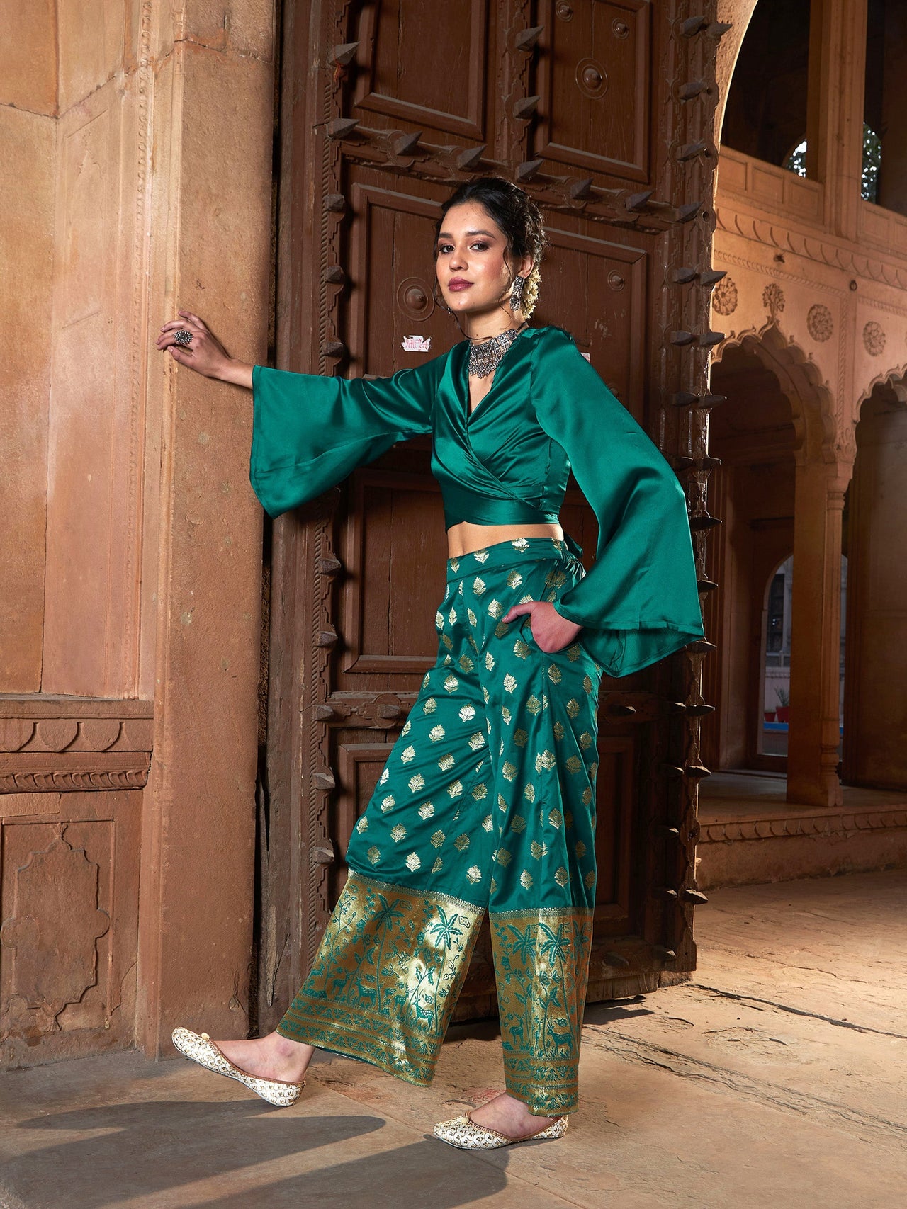 Lyush Women Teal Satin Wrap Crop Top With Brocade Palazzos - Distacart