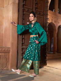 Thumbnail for Lyush Women Teal Satin Wrap Crop Top With Brocade Palazzos - Distacart