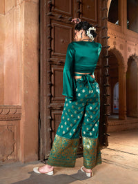 Thumbnail for Lyush Women Teal Satin Wrap Crop Top With Brocade Palazzos - Distacart