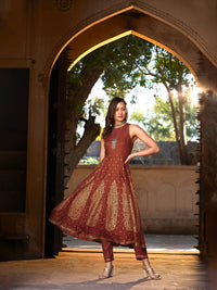 Thumbnail for Lyush Women Rust Kali Foil Sleeveless Anarkali Kurta With Pants - Distacart