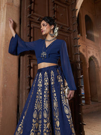 Thumbnail for Lyush Women Navy Wrap Tie Back Crop Top With Foil Print Skirt - Distacart