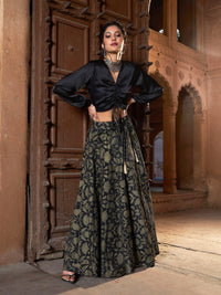 Thumbnail for Lyush Women Black Satin Ruched Crop Top With Brocade Skirt - Distacart
