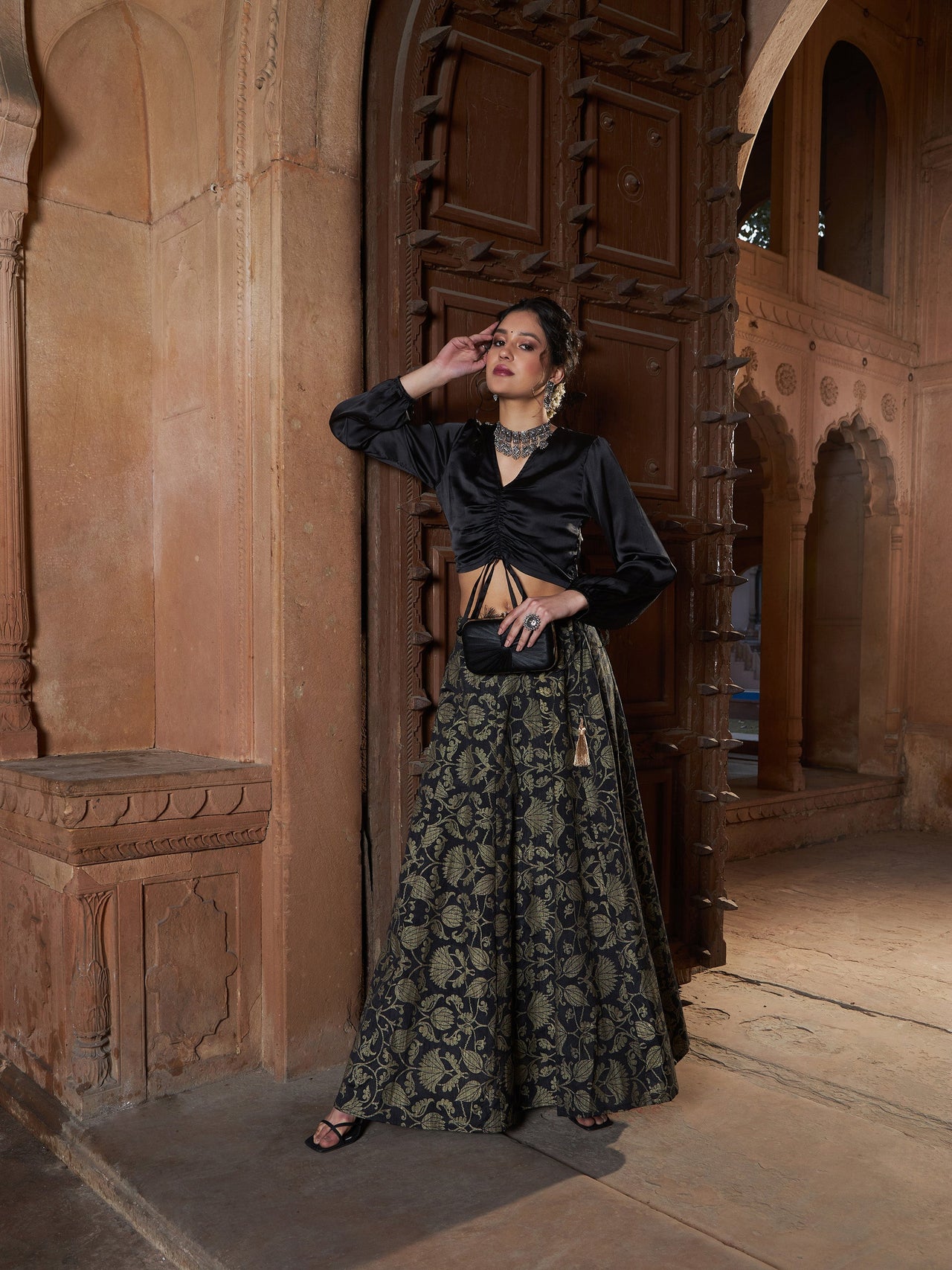 Lyush Women Black Satin Ruched Crop Top With Brocade Skirt - Distacart