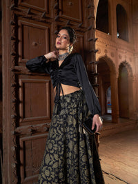 Thumbnail for Lyush Women Black Satin Ruched Crop Top With Brocade Skirt - Distacart