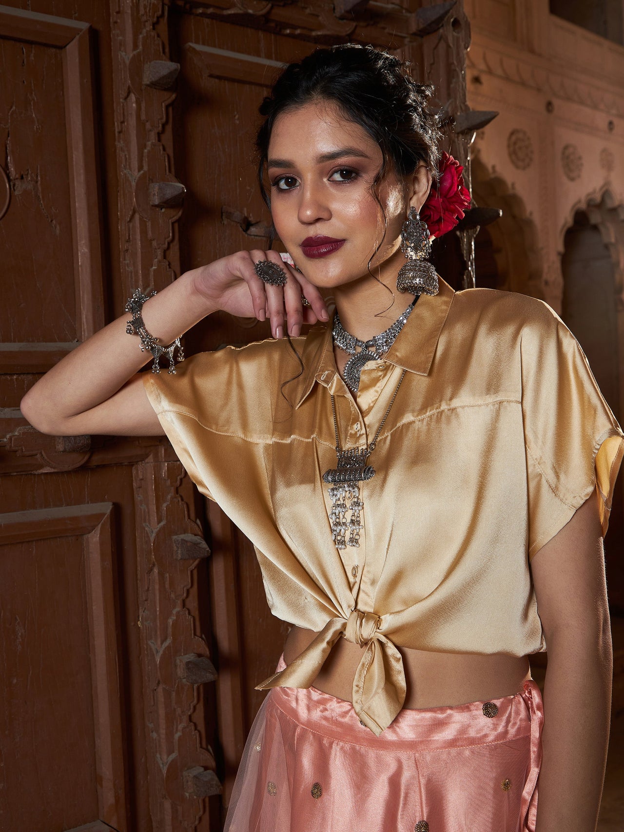 Lyush Women Gold Satin Crop Shirt With Peach Tulle Sequin Skirt - Distacart