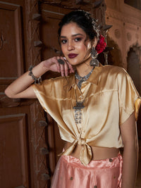 Thumbnail for Lyush Women Gold Satin Crop Shirt With Peach Tulle Sequin Skirt - Distacart