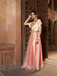 Thumbnail for Lyush Women Gold Satin Crop Shirt With Peach Tulle Sequin Skirt - Distacart