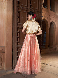 Thumbnail for Lyush Women Gold Satin Crop Shirt With Peach Tulle Sequin Skirt - Distacart