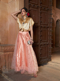Thumbnail for Lyush Women Gold Satin Crop Shirt With Peach Tulle Sequin Skirt - Distacart