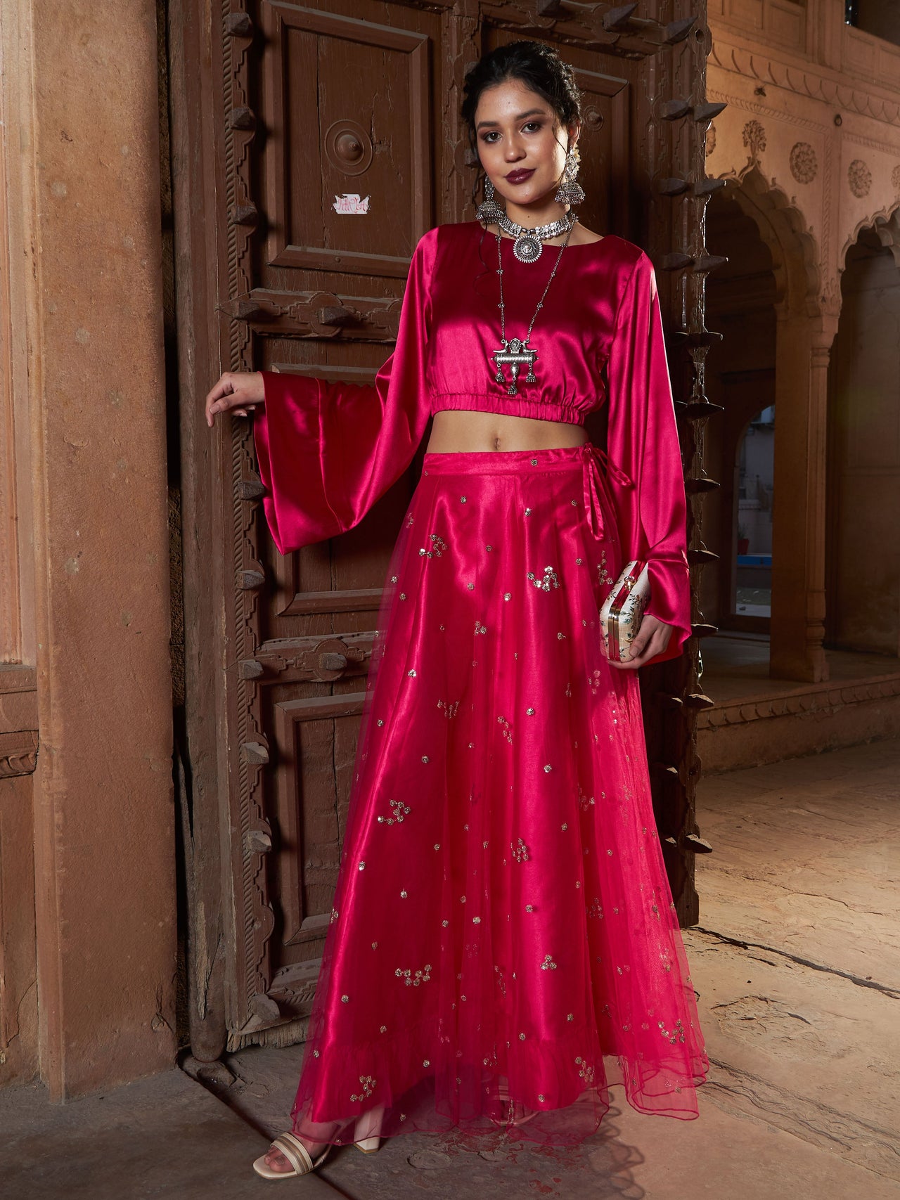 Lyush Women Fuchsia Satin Crop Top With Tulle Sequin Skirt - Distacart