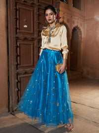 Thumbnail for Lyush Women Gold Satin Shirt With Teal Tulle Sequin Skirt - Distacart