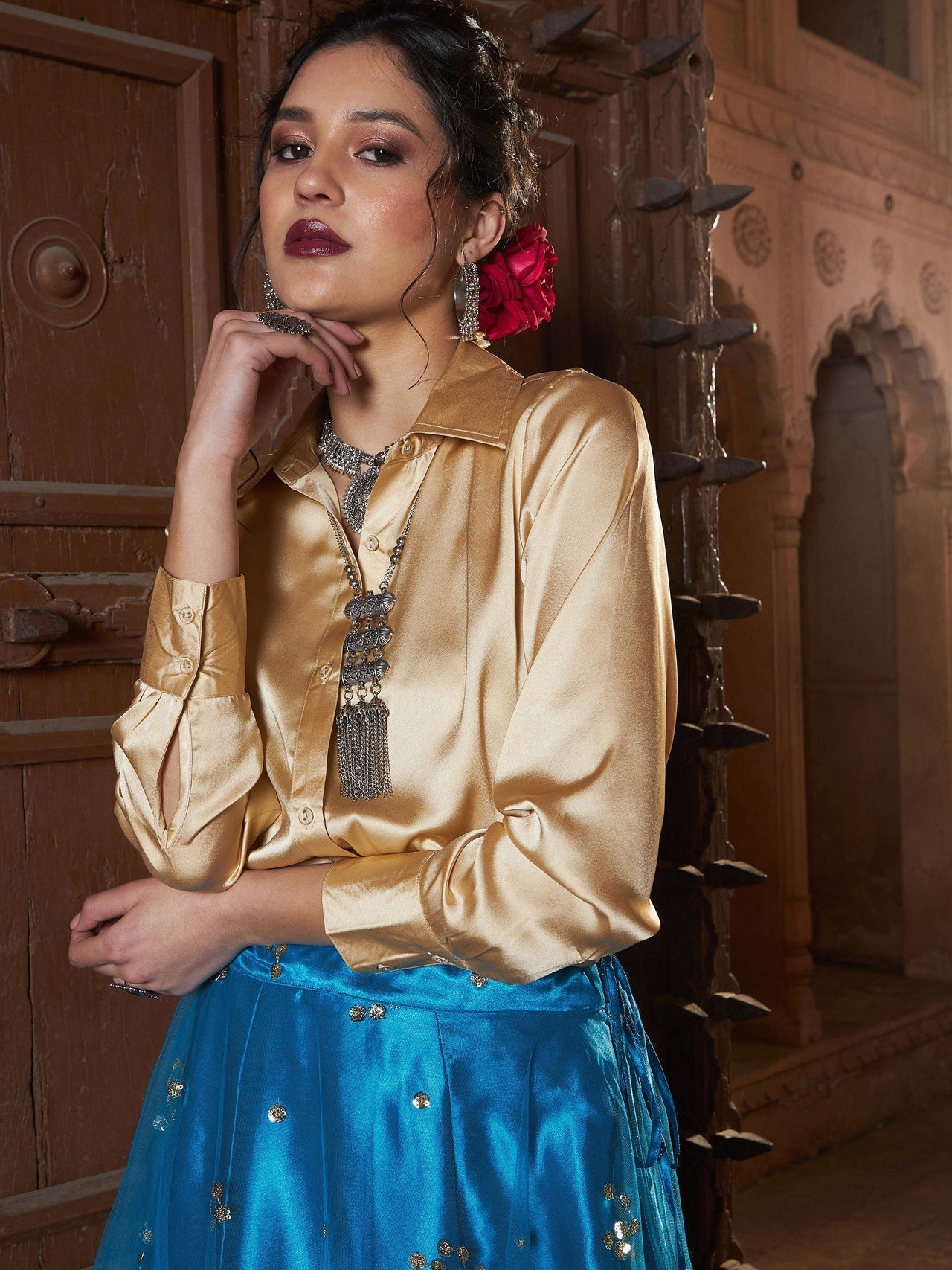 Lyush Women Gold Satin Shirt With Teal Tulle Sequin Skirt - Distacart