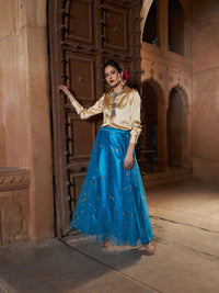 Thumbnail for Lyush Women Gold Satin Shirt With Teal Tulle Sequin Skirt - Distacart