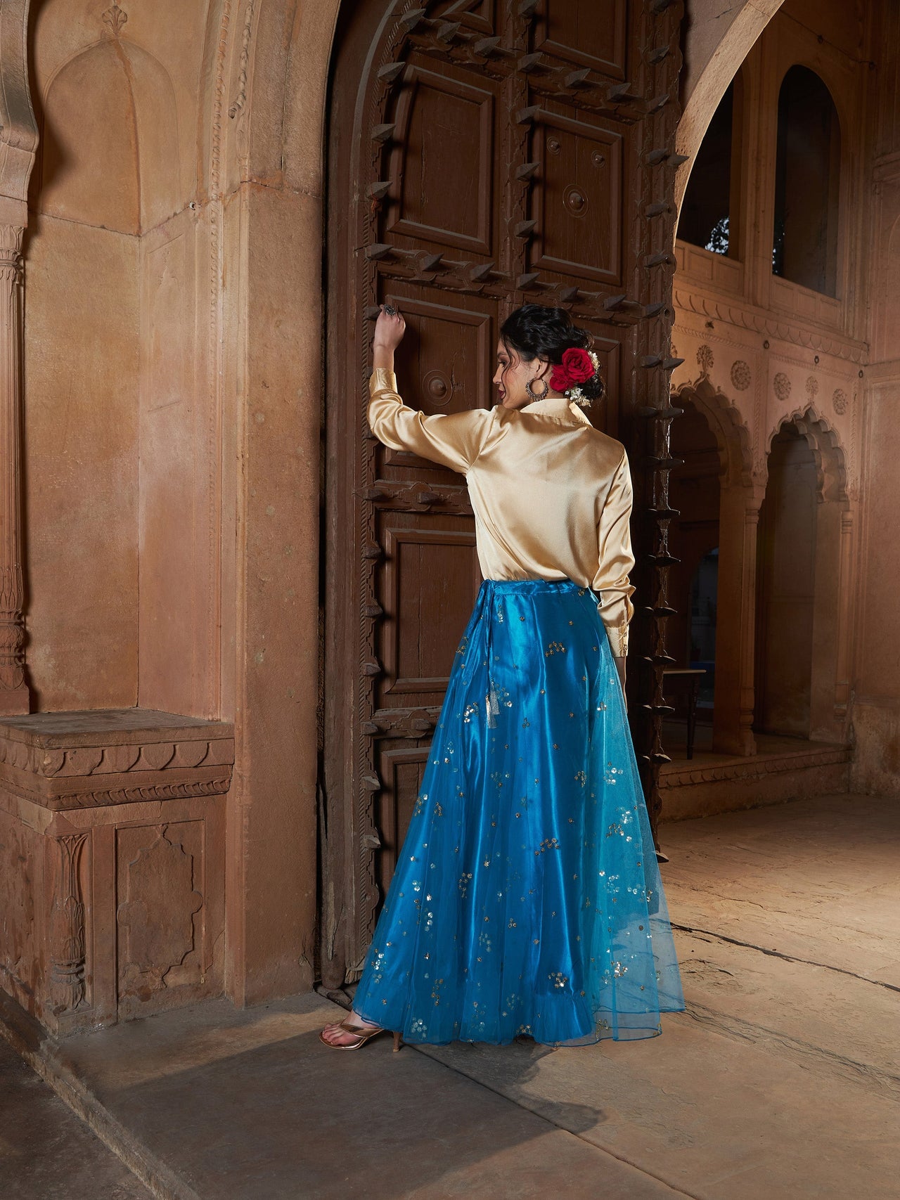 Lyush Women Gold Satin Shirt With Teal Tulle Sequin Skirt - Distacart