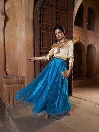 Thumbnail for Lyush Women Gold Satin Shirt With Teal Tulle Sequin Skirt - Distacart
