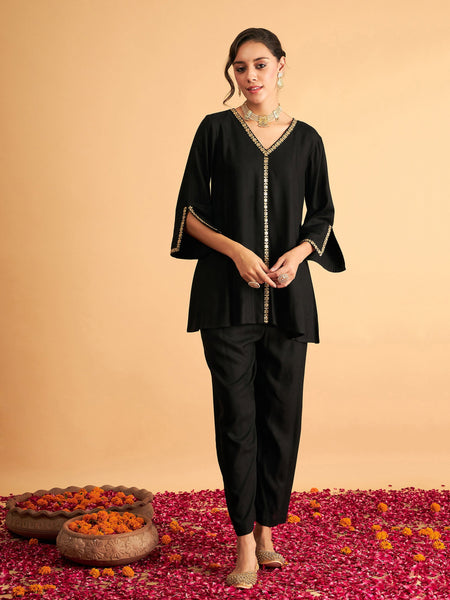 Lyush Women Black Embroidered A Line Top With Straight Pants - Distacart