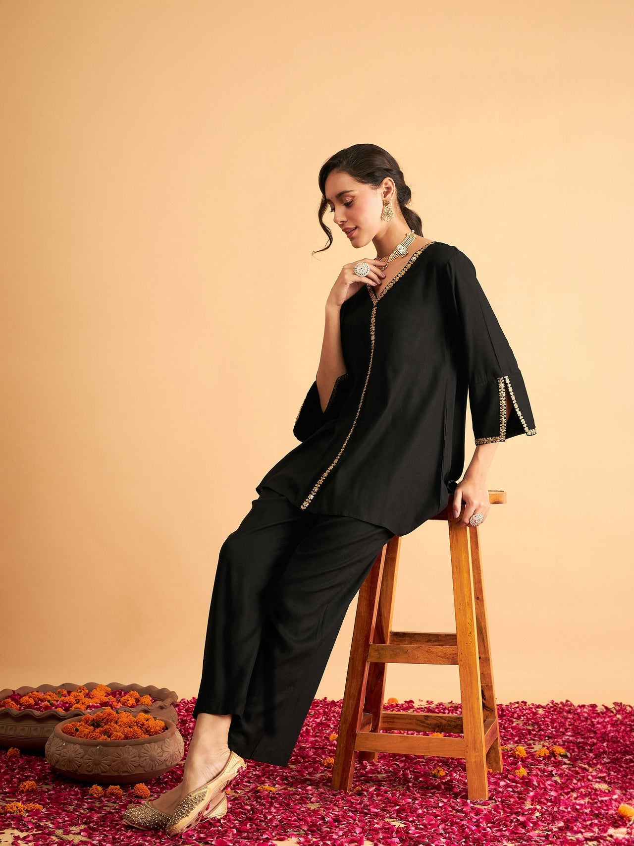 Lyush Women Black Embroidered A Line Top With Straight Pants - Distacart