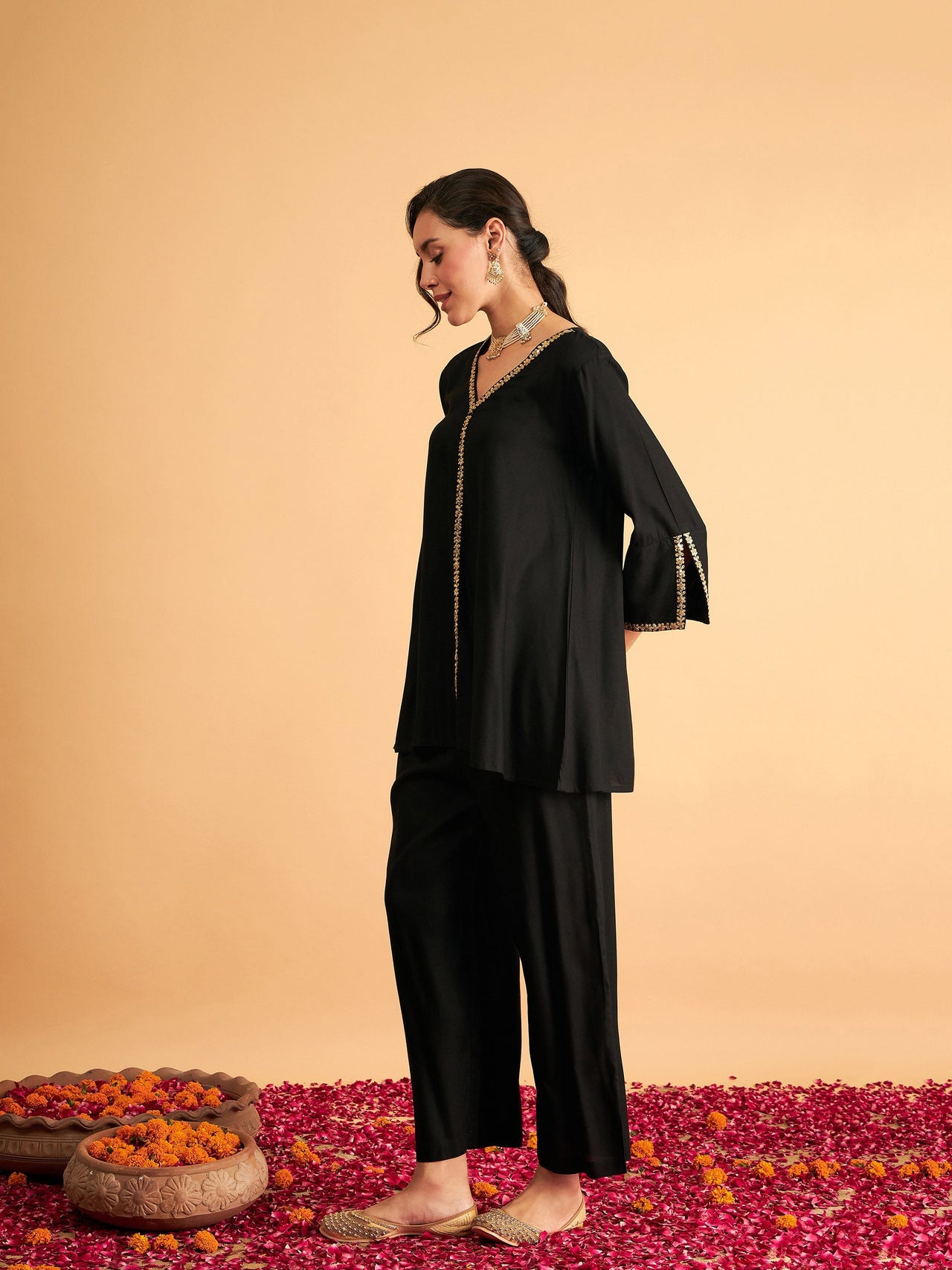 Lyush Women Black Embroidered A Line Top With Straight Pants - Distacart