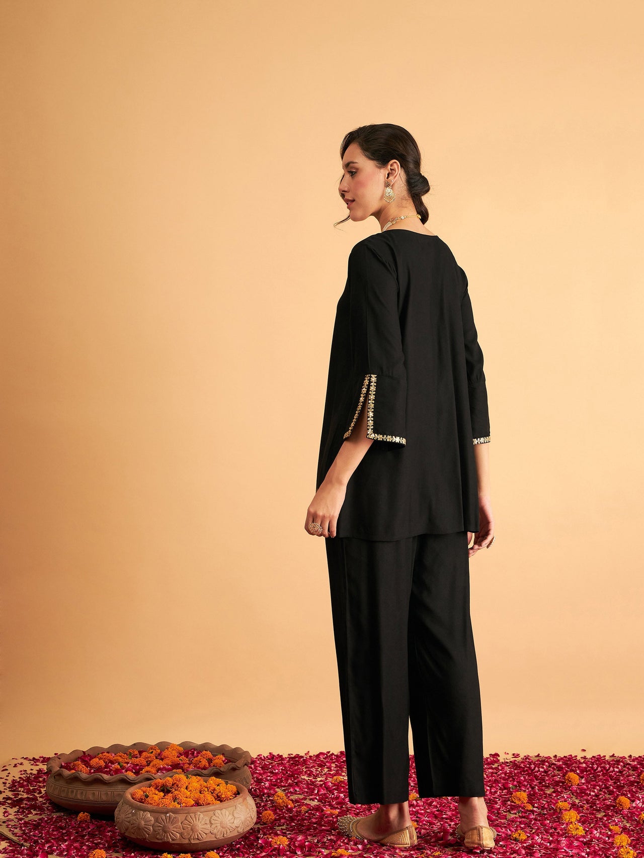 Lyush Women Black Embroidered A Line Top With Straight Pants - Distacart